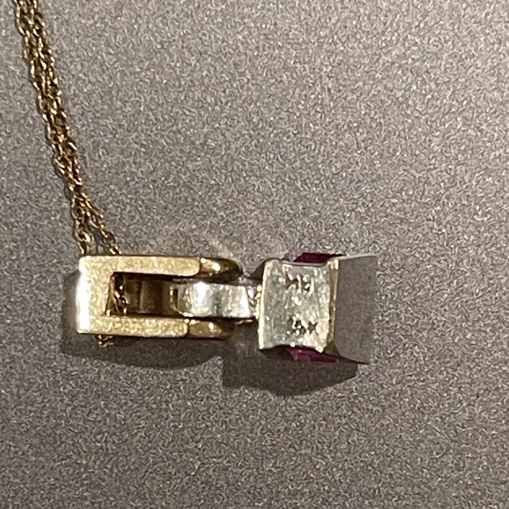 Pink sapphire, two tone, 14 karat gold modernist, diamond pendant - Picture 11 of 15